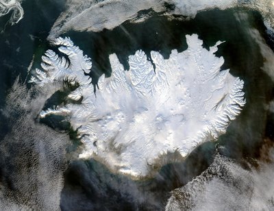 Satellite image of Iceland on 28 January 2004 showing it covered in a blanket of snow and ice which is obscuring the permanent glaciers and icecaps that exist year-round by National Aeronautics and Space Administration National Aeronautics and Space Administration